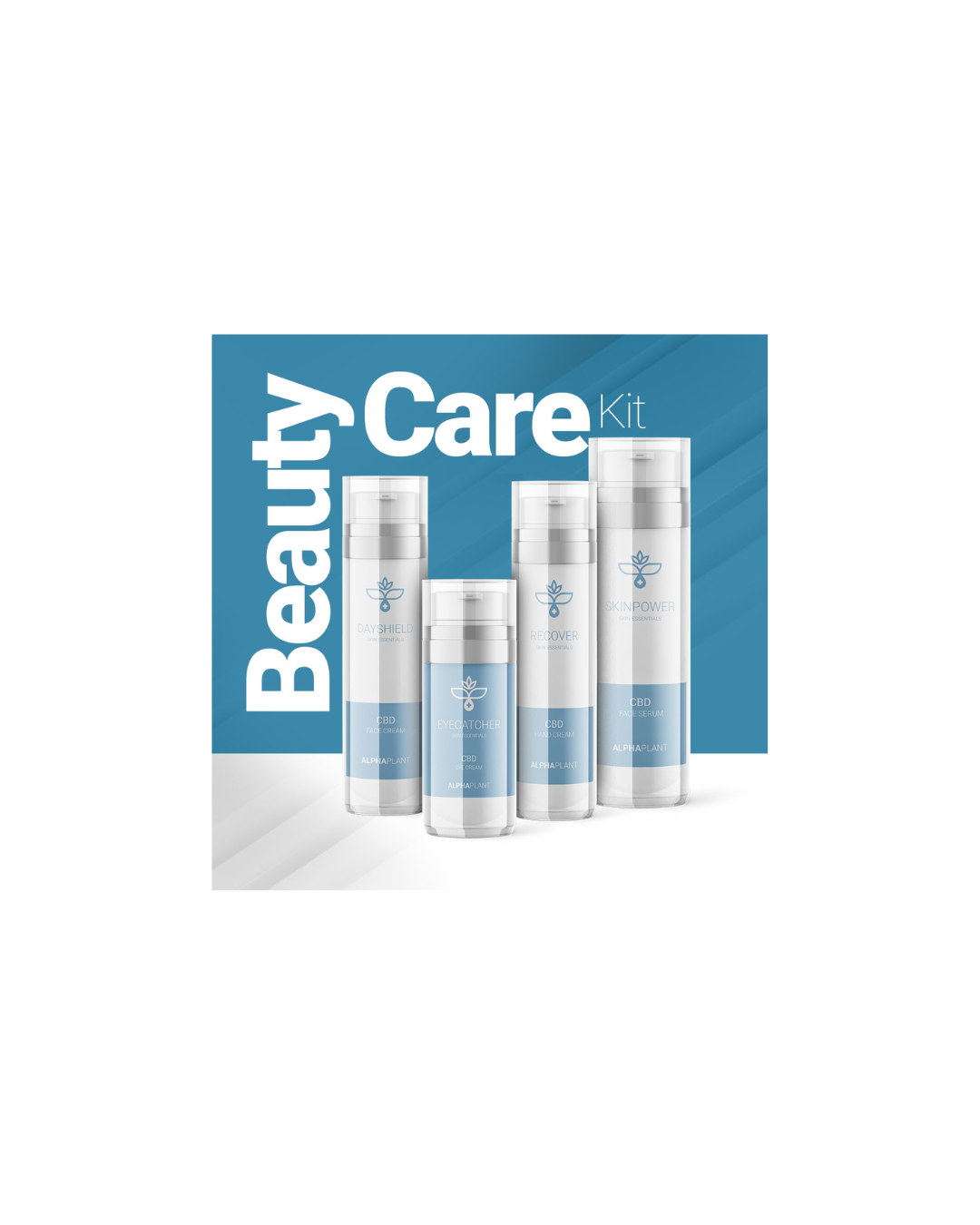 Beauty Care Kit: CBD Gesichtsserum (Skinpower), CBD Gesichtscreme (Dayshield), CBD Augencreme (Eyecatcher) und CBD Handcreme (Recover)