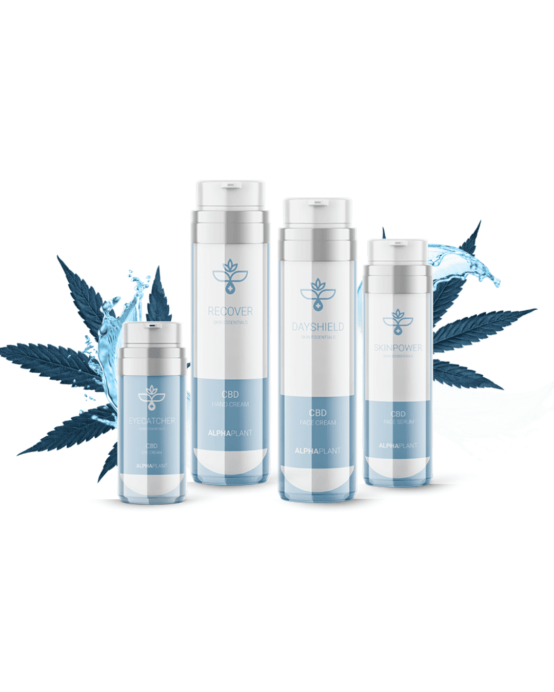Bild mit CBD-Hautpflege von Alphaplant inkl. Cannabisblätter und Wasser: Gesichtsserum, Gesichtscreme, Augencreme und Handcreme