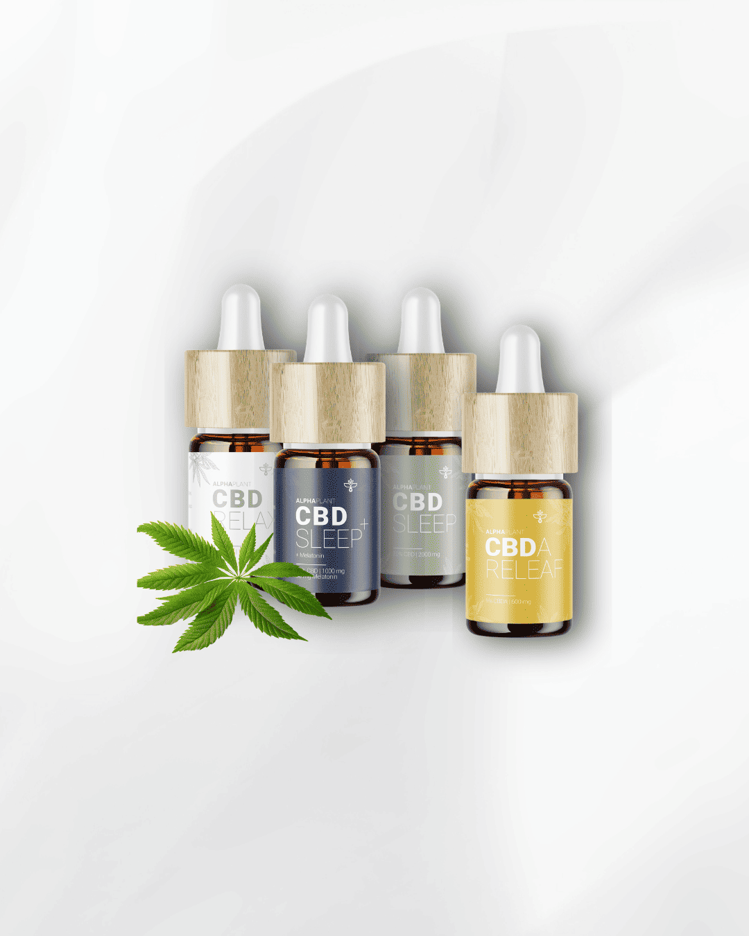 Alphaplant Öl-Sortiment: CBD 10%, CBD 10% mit Melatonin, CBD 20% und CBDA-Öl