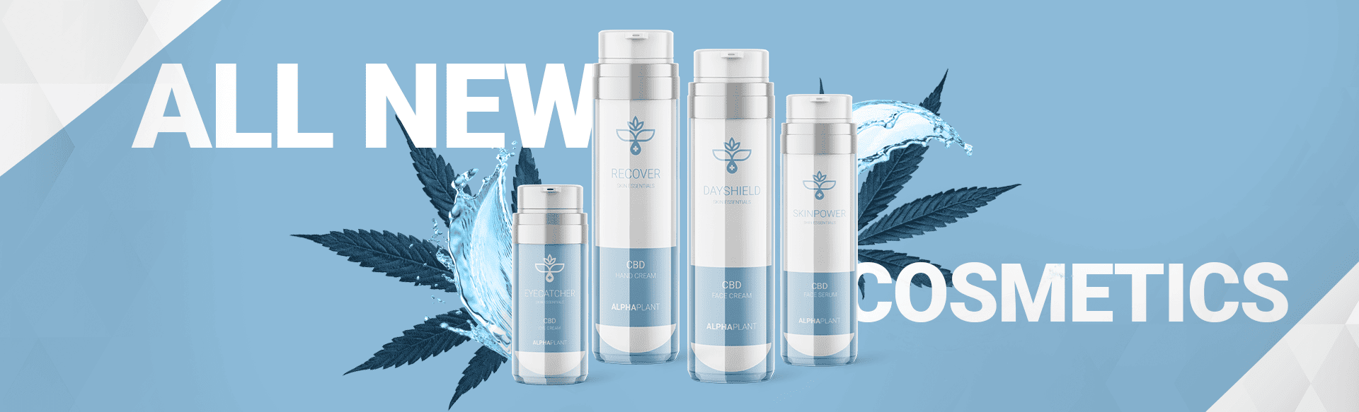 Banner mit der CBD Hautpflege von Alphaplant mit blau-weißen Hintergrund, Wasserspritzer und blauen Cannabisblättern