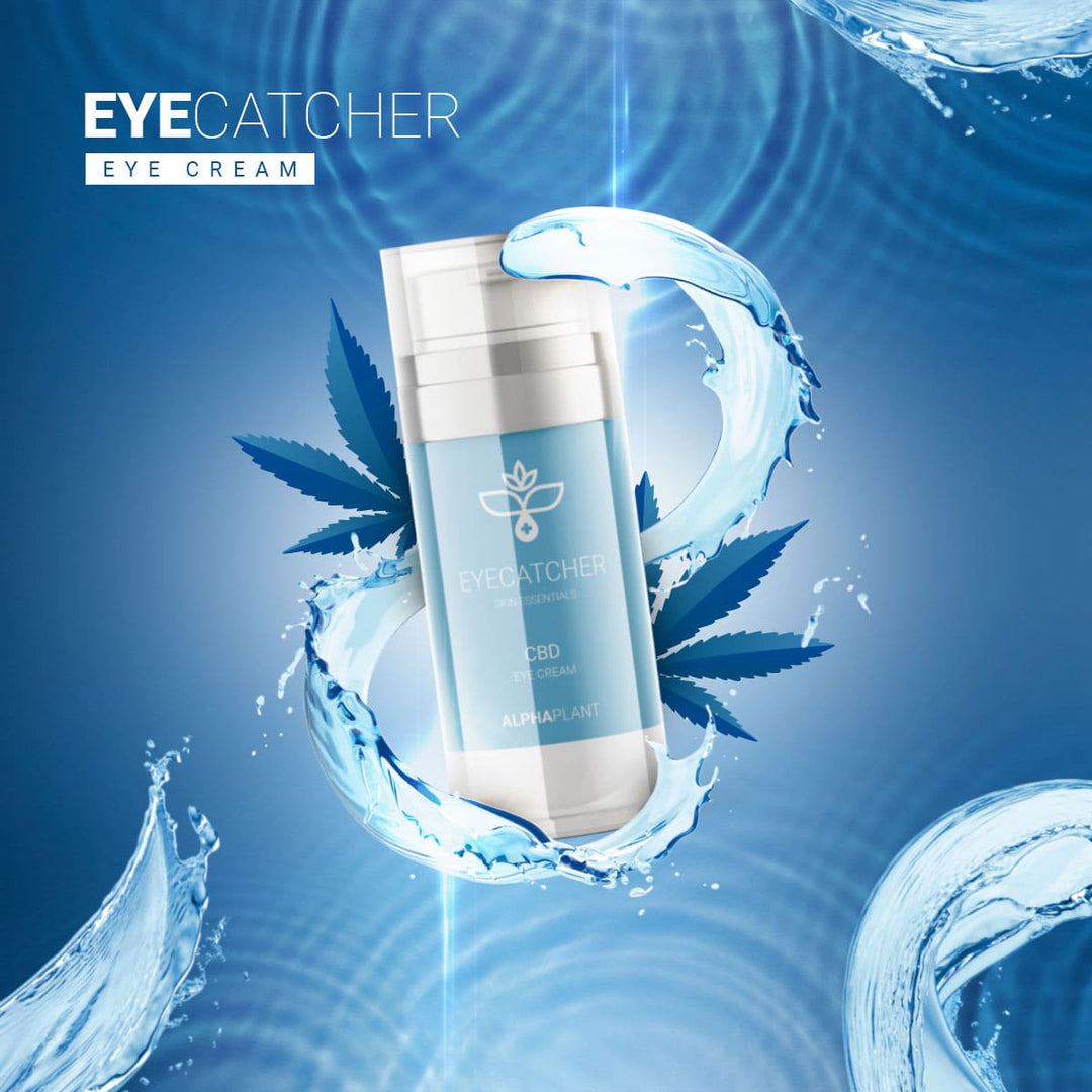 Bild mit Wasser, Wasserspritzer und blauen Cannabisblättern und der CBD Augencreme Eyecatcher