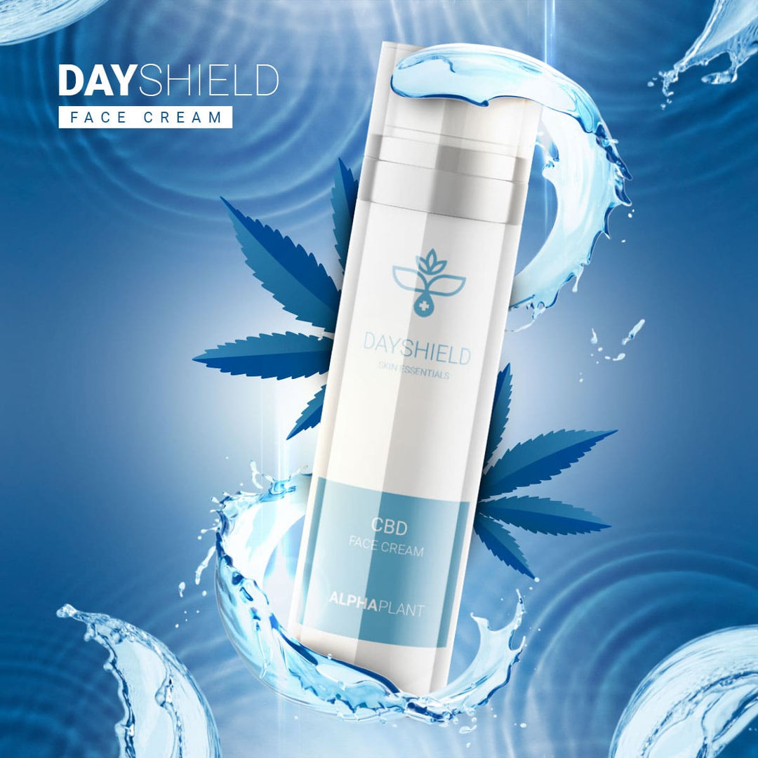 Bild mit Wasser, Wasserspritzer und blauen Cannabisblättern und der CBD Gesichtscreme Dayshield