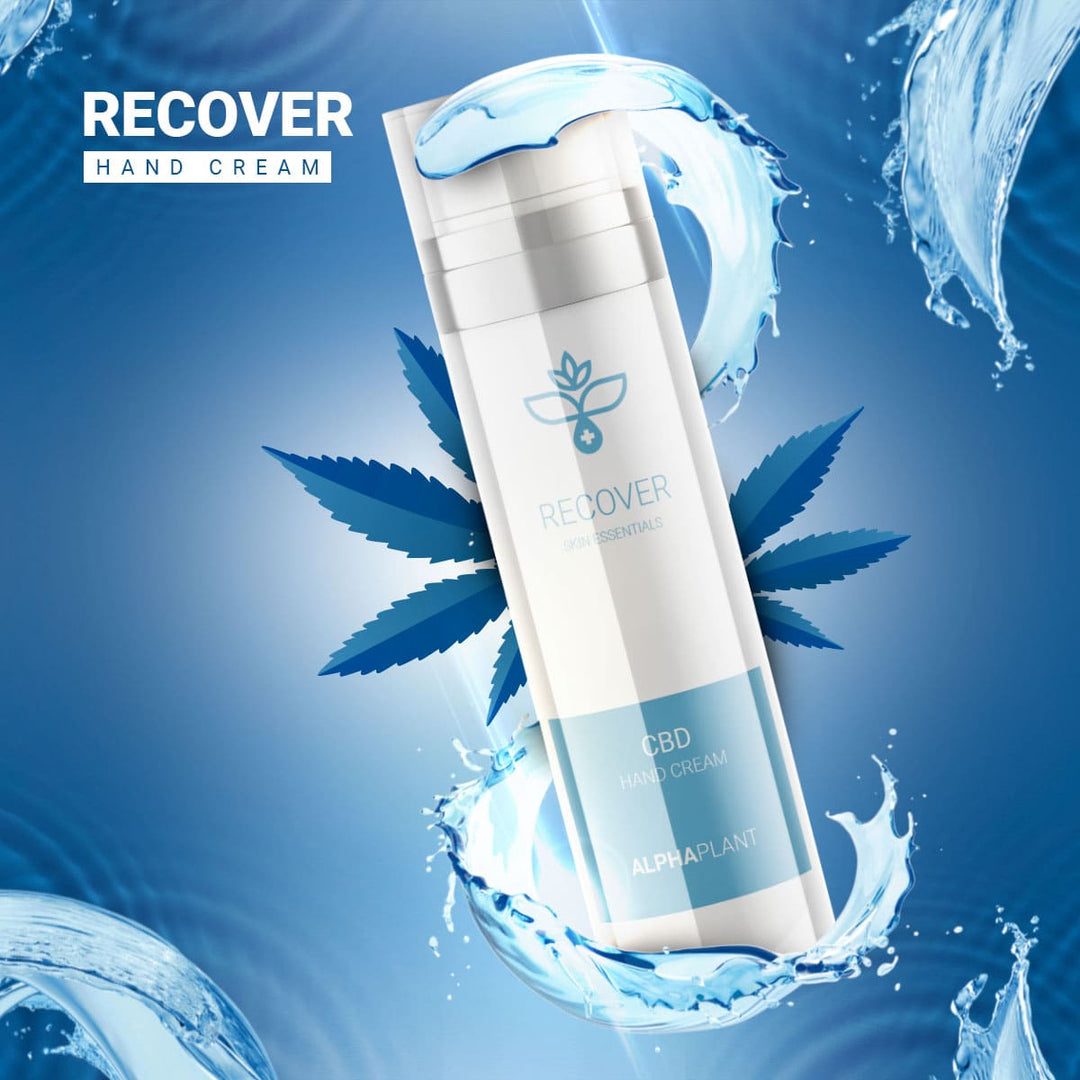 Bild mit Wasser, Wasserspritzer und blauen Cannabisblättern und der CBD Handcreme Recover