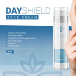 Bild wo die CBD Gesichtscreme Dayshield vorgestellt wird mit ein paar Fakten auf Englisch